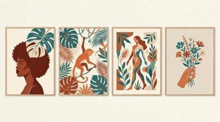 Fototapeta premium Modern Boho Wall Art Prints Set Featuring Tropical Leaves, African Woman, Monkey, and Floral Illustrations in Earth Tones