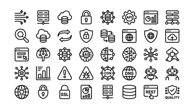 Collection of technology and data management icons with transparent backgrounds