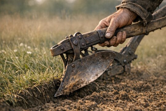 Agricultural worker tilling soil with a plow, suitable for farm or rural scenes