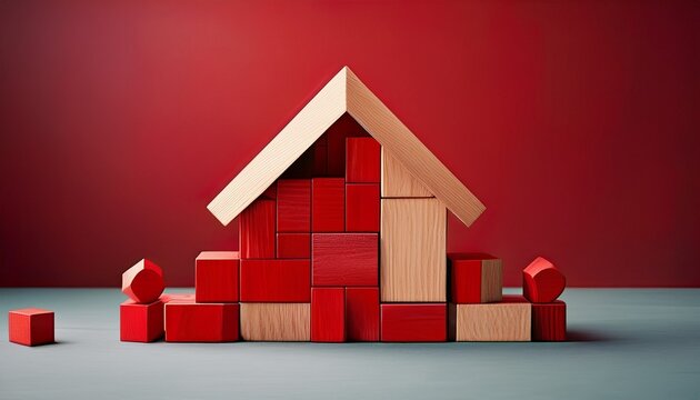 wooden house building block concept red