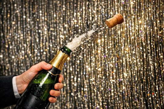 A close-up view of a champagne bottle being opened with the cork popping out