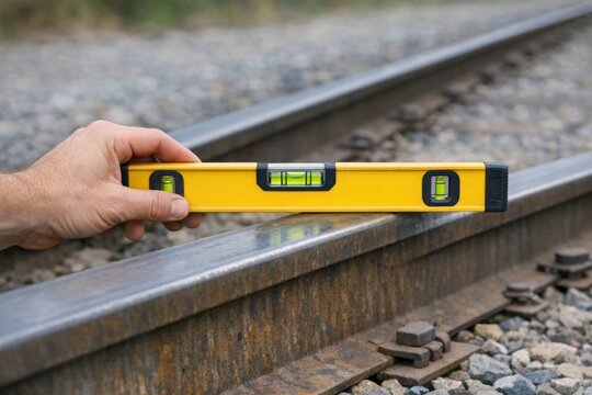 A person holding a level tool on a railroad track, suitable for infrastructure or construction projects