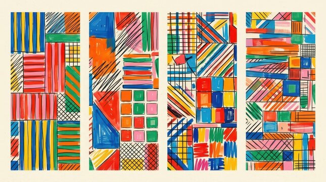 Vibrant Abstract Hand-Drawn Geometric Pattern with Colorful Stripes, Grids, and Shapes in Four Vertical Panels