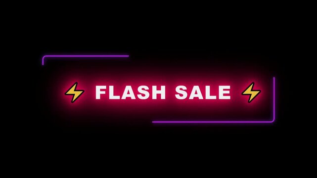 Glowing neon flash sale banner with lightning bolt symbols on a dark background