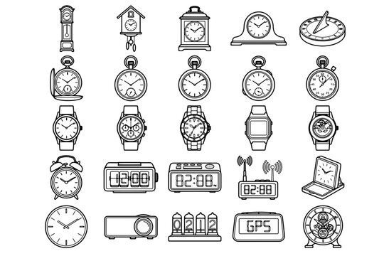 A collection of various timekeeping devices, including grandfather clock, cuckoo clock, mantle clock, pocket watch, wristwatch, alarm clock, digital clock, GPS device, and sundial.