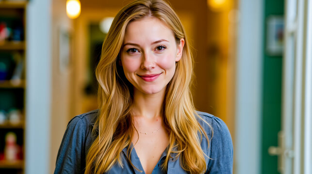 A smiling woman with long blonde hair wearing a blue shirt