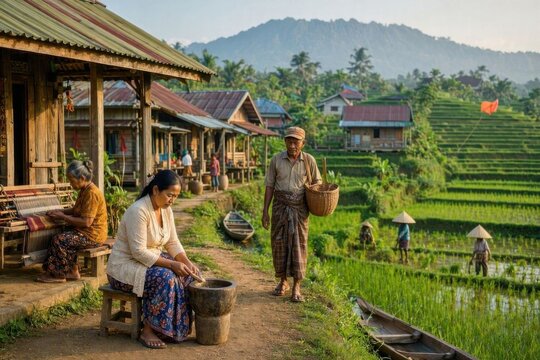 Traditional rural village community life with farmers in tropical rice fields and mountains, showcasing local culture and sustainable living