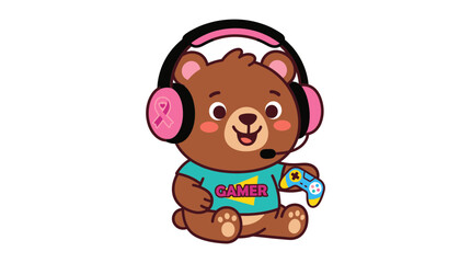 Obraz premium Cute bear gamer wearing pink headset. Cartoon animal playing video games.