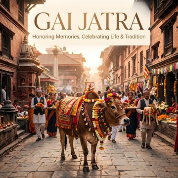 Gai jatra festival celebration featuring traditional cow procession in kathmandu nepal