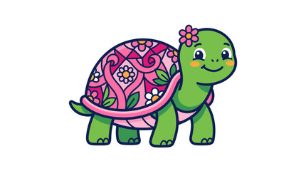 Obraz premium Cute turtle mascot with floral shell. Cartoon sea turtle character with pink flowers.