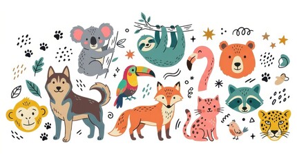 Obraz premium Cute Cartoon Animal Collection with Koala Sloth Fox and Flamingo - Hand Drawn Vector Illustration for Kids and Nursery