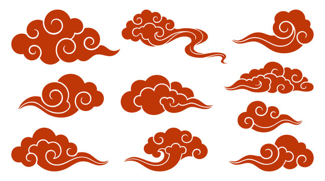 Decorative chinese cloud vector set featuring traditional oriental swirls and artistic shapes in solid red color