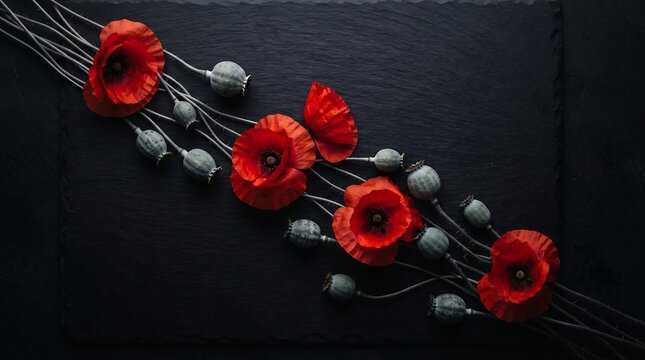 Red poppies on dark slate background for remembrance day memorial tribute