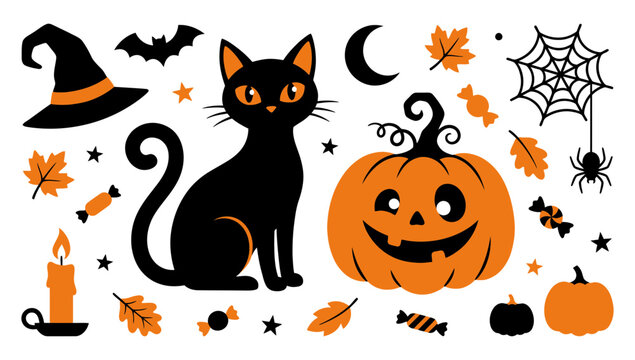 A collection of cute halloween themed vector elements featuring a black cat jack o lantern pumpkin witch hat and spooky spider web
