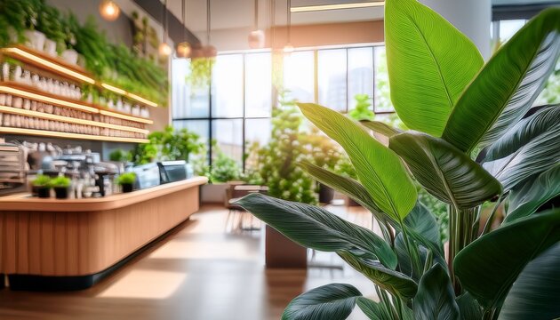 blurred modern coffee shop with bright interior and green plants