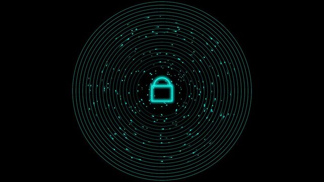 Digital security padlock icon with rotating data circles on black background motion.