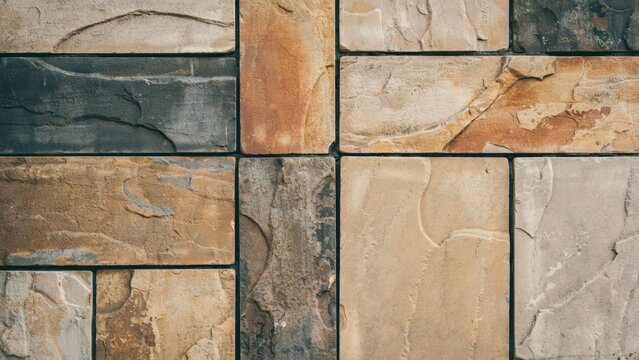 Textured wall surface featuring multi-colored natural stone tiles arranged in a modern pattern. Decorative background for home interior design or building construction projects.