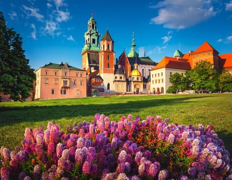 Summer view of Wawel Royal Castle complex in Krakow Poland It is the most historically and culturally important site in Poland flowers on a foreground