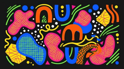 Obraz premium Vibrant Abstract Memphis Style Pattern with Colorful Geometric Shapes and Doodles on Black Background for Modern Graphic Design
