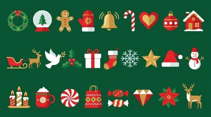 Fototapeta premium Set of Flat Christmas Icons and Symbols on Green Background for Holiday Design and Winter Celebrations