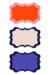 Colorful doodle frame collection. Set of three vintage labels with scalloped borders and blank centers for stickers, branding, scrapbooking, journaling, invitations, and social media. PNG