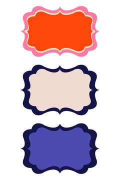 Colorful doodle frame collection. Set of three vintage labels with scalloped borders and blank centers for stickers, branding, scrapbooking, journaling, invitations, and social media. PNG