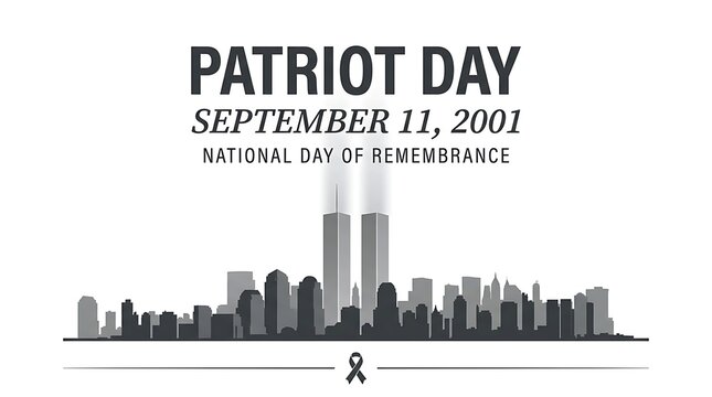 Patriot day september 11 2001 national day of remembrance with twin towers skyline and memorial ribbon for honoring victims and fallen heroes.
