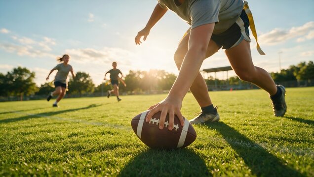 Youth Athletes Playing Flag Football Game on a Sunny Field at Sunset in the Summer