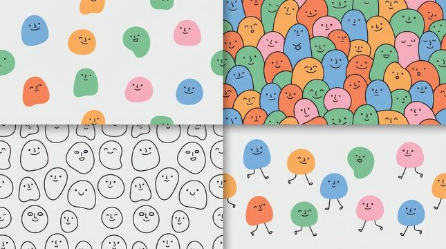 Set of Four Seamless Patterns with Cute Hand Drawn Blob Characters and Funny Faces in Pastel Colors for Kids Fabric