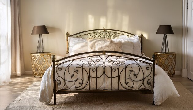 elegant wrought iron bed dressed in creamy linens occupies a sunlit interior space