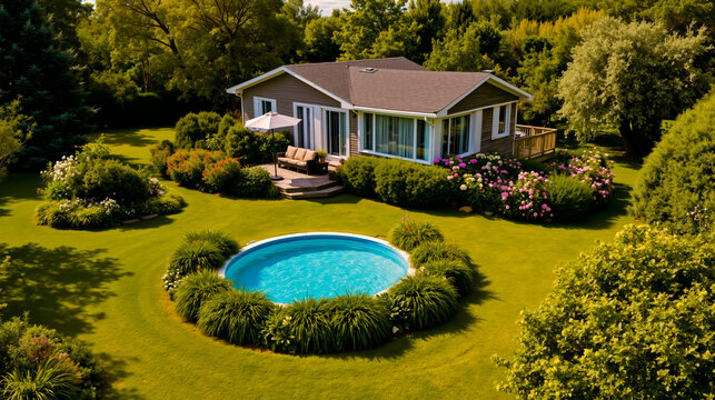 A house with a pool in the backyard surrounded by lush greenery and trees