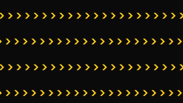 Seamless pattern with yellow chevron arrow signs arranged in horizontal lines on a black background for modern graphic design and web texture backgrounds