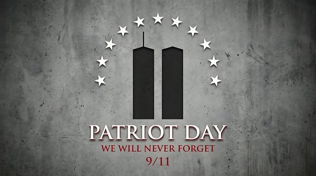 Patriot day we will never forget 9 11 remembrance with twin towers silhouette and stars arranged in arc on concrete texture background honoring victims.