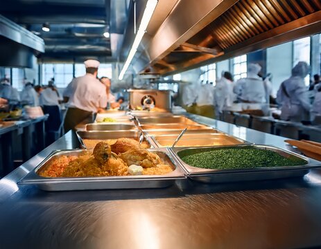 out of focus kitchen crew preparing food in a modern commercial catering facility