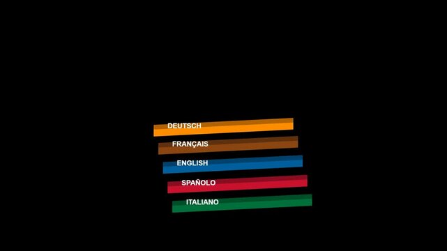 Colorful language selection menu buttons with text labels for german french english spanish and italian on a black background