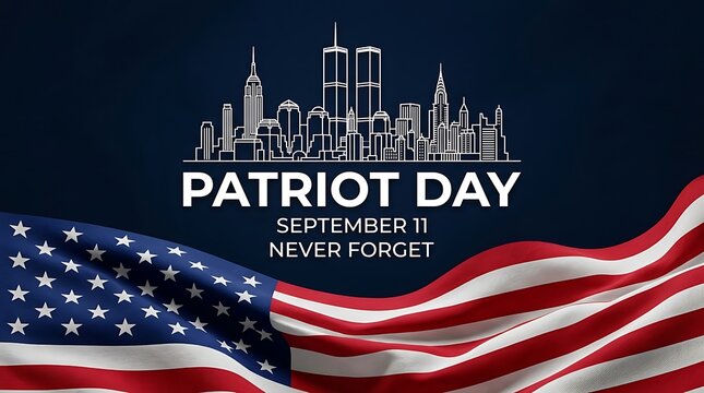 Patriot day september 11 never forget with american flag and new york skyline graphic for usa remembrance and tribute holiday event.