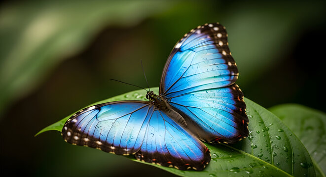 Beautiful blue Morpho butterfly resting on a green leaf with raindrops