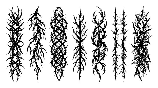 Set of black thorn branches, gothic style decorative borders, vector illustration isolated on white background