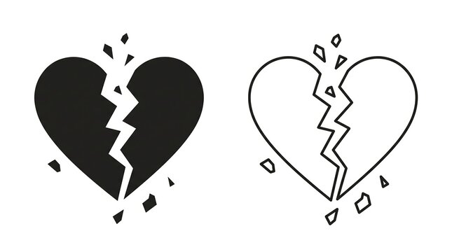 Broken heart icon set, vector illustration of a cracked heart symbol, black silhouette and outline style isolated on white background