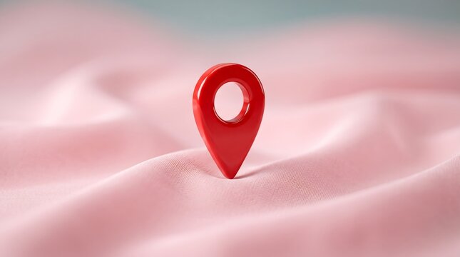 A glossy red map location pin icon resting on soft, draped pink fabric, symbolizing travel, navigation, destination, or finding a specific place