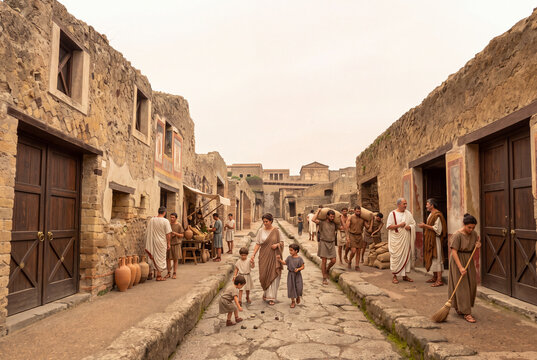 digital historical illustration of everyday life in an ancient Roman street in Herculaneum, Italia