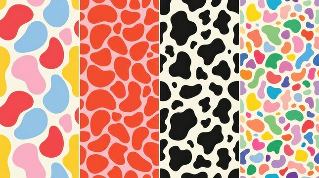 Set of Four Seamless Cow Print and Abstract Blob Patterns in Various Vibrant Colors for Textile and Graphic Design