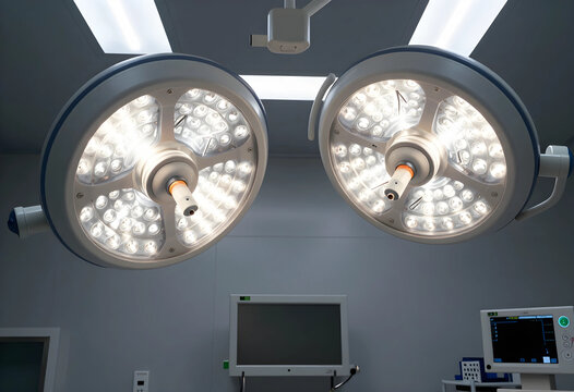 Two bright surgical lights illuminating an operating room with medical monitors in the background, healthcare technology