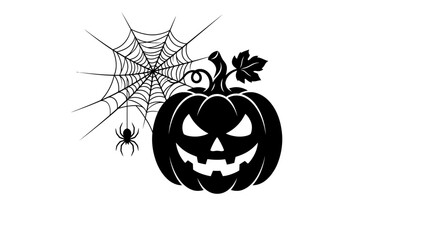 Halloween Spooky halloween pumpkin and spider web. Carved jack o lantern icon with arachnid. Black silhouette vector symbol. Scary holiday decoration and cute glyph. Vector © MstShopna