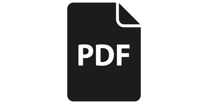 Black pdf file document icon representing digital paper for web storage.