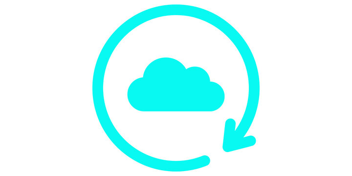 Cloud sync icon with cycle arrow in cyan for data backup and file upload.