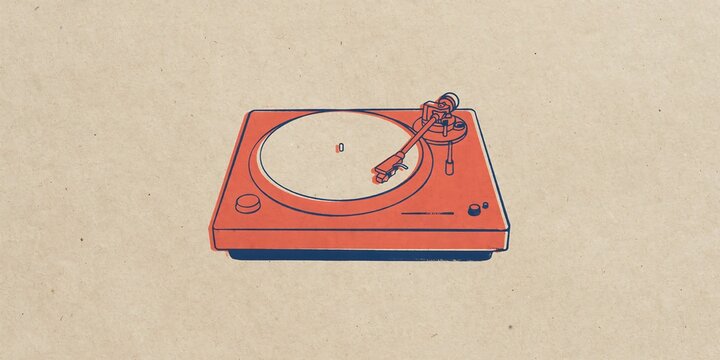 Retro vector illustration of an orange and blue vinyl turntable record player on beige textured paper, perfect for vintage music and DJ creative projects.