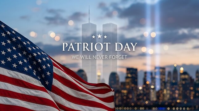 Patriot day we will never forget American flag foreground with faded twin towers city skyline and light beams at dusk symbolizing 9/11 remembrance.