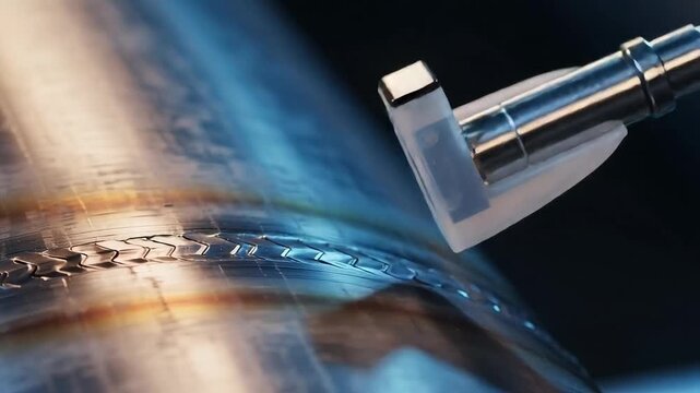 Industrial ultrasonic inspection probe gliding across metallic pipe surface in this detailed technical engineering motion video