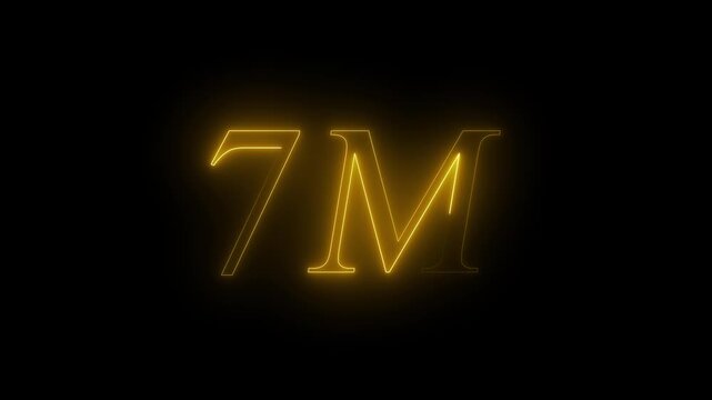 Glowing Gold Neon 7M Text Animation for 7 Million Followers, Subscribers, Views, Milestone Celebration, Social Media Achievement, Financial Growth, and Business Success Isolated on Black Background